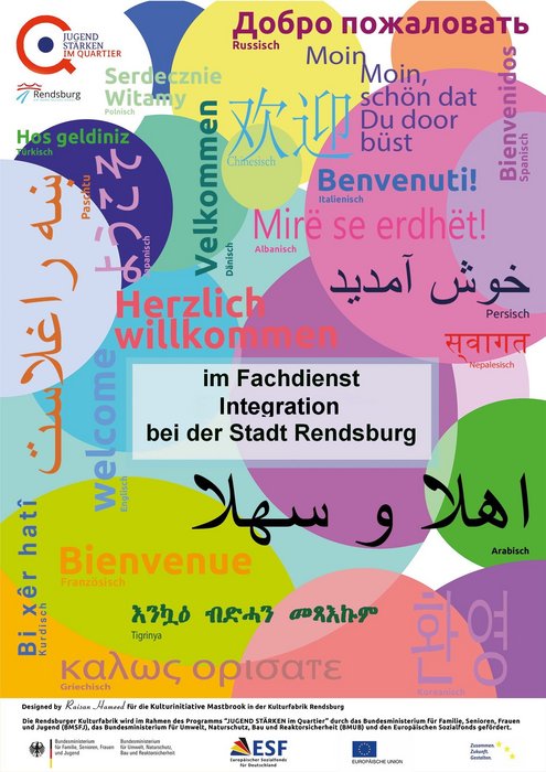 Wilkommensplakat der Stadt Rendsburg zum Thema Integration in verschiedensten Sprachen